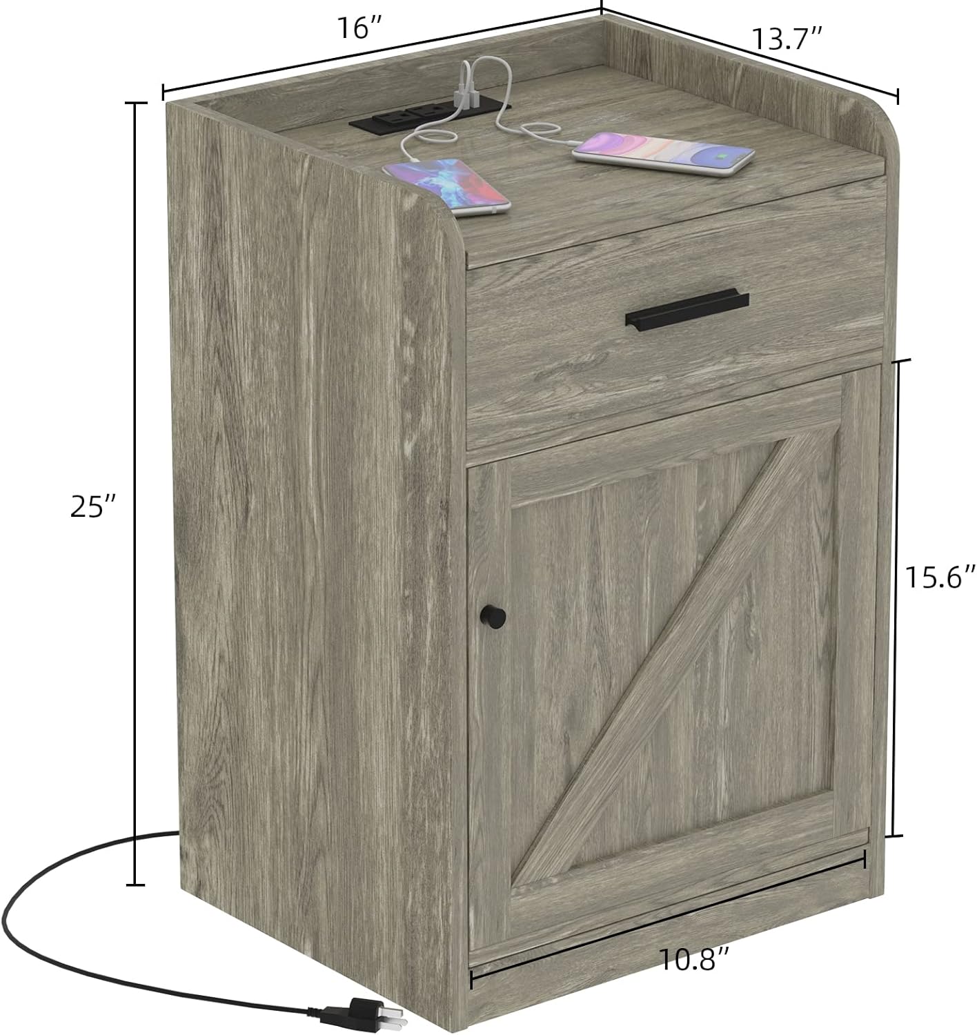 Modern Farmhouse Night Stand with Charging Station, Bed Bedside Tables Bedroom set of 2, Wood Nightstand with Storage Drawer for Bedroom Living Room Sofa Home Office-Walnut
