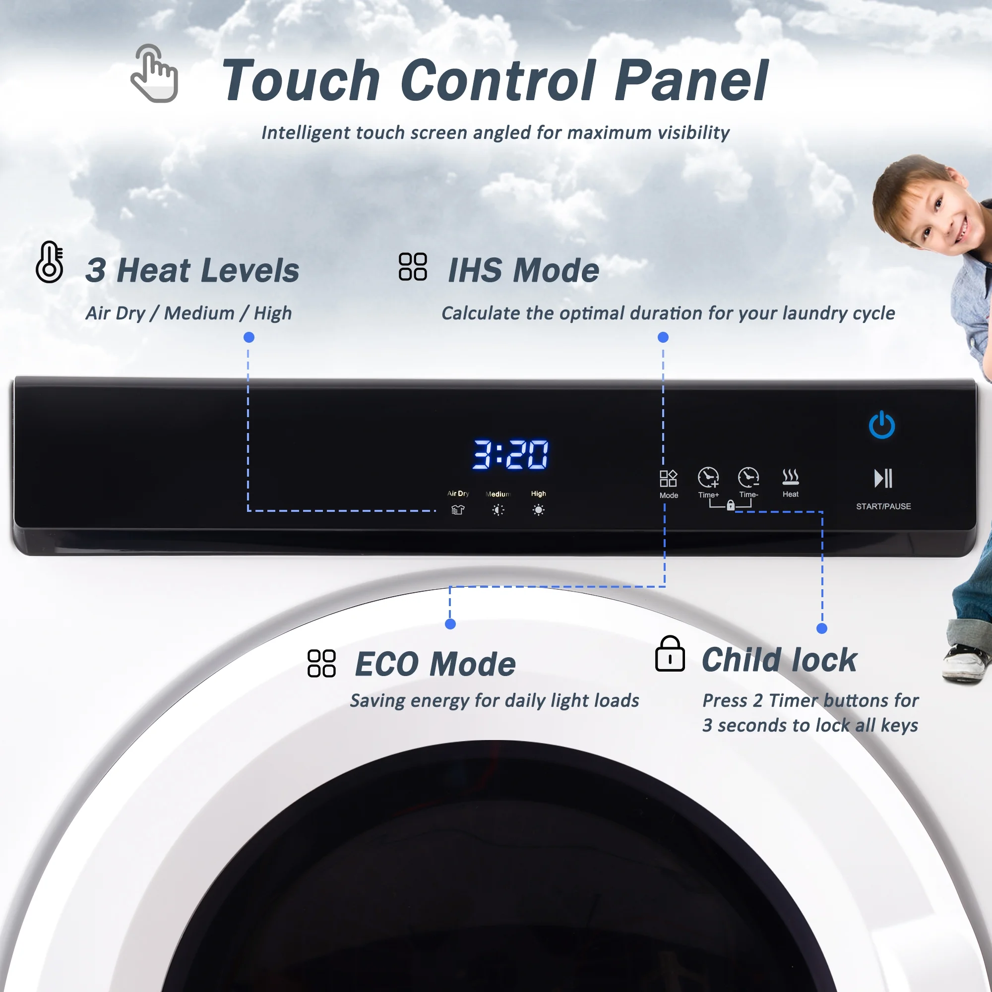 CoSoTower Electric Portable Clothes Dryer, Front Load Laundry Dryer With Touch Screen Panel And Stainless Steel Tub For Apartments, Dormitory, And Rvs