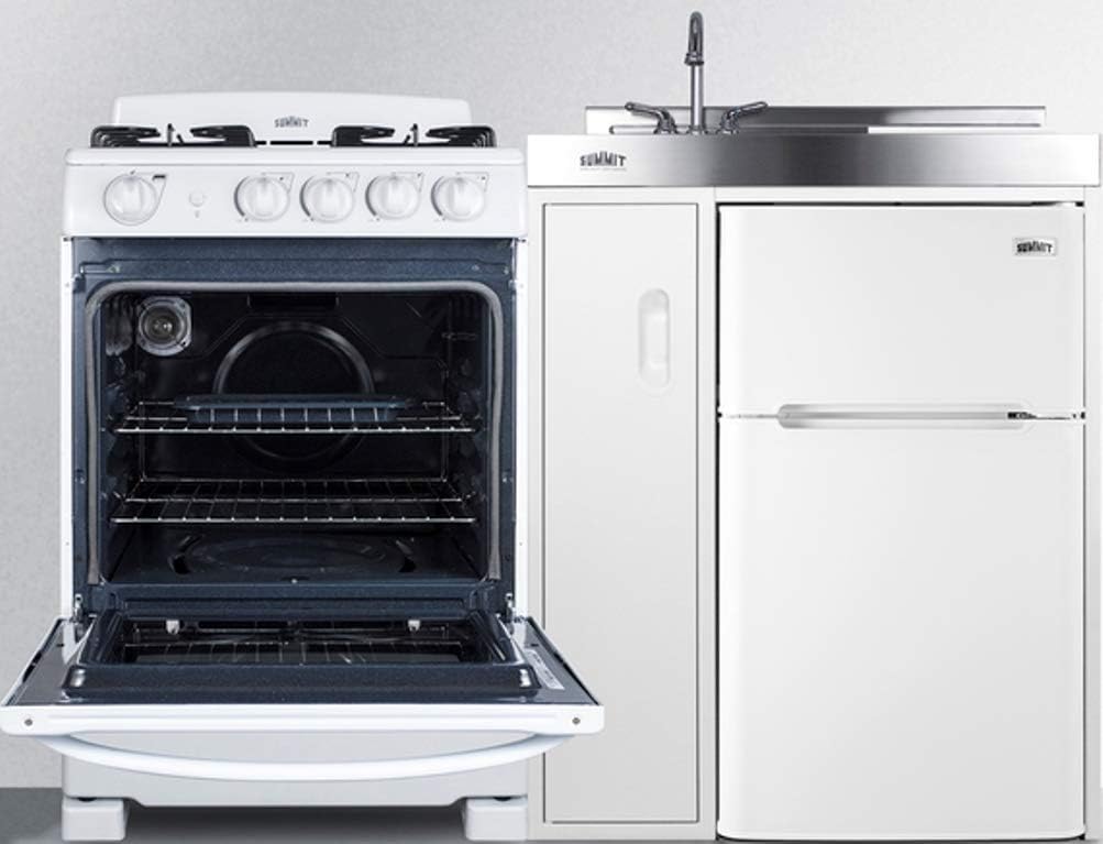 Summit Appliance ACK54GASW 54" Wide All-in-One Kitchenette with 115V 4-Burner Gas Range, Refrigerator-Freezer, Sink, Cutting Board and Cutlery Storage, and a Storage Cabinet