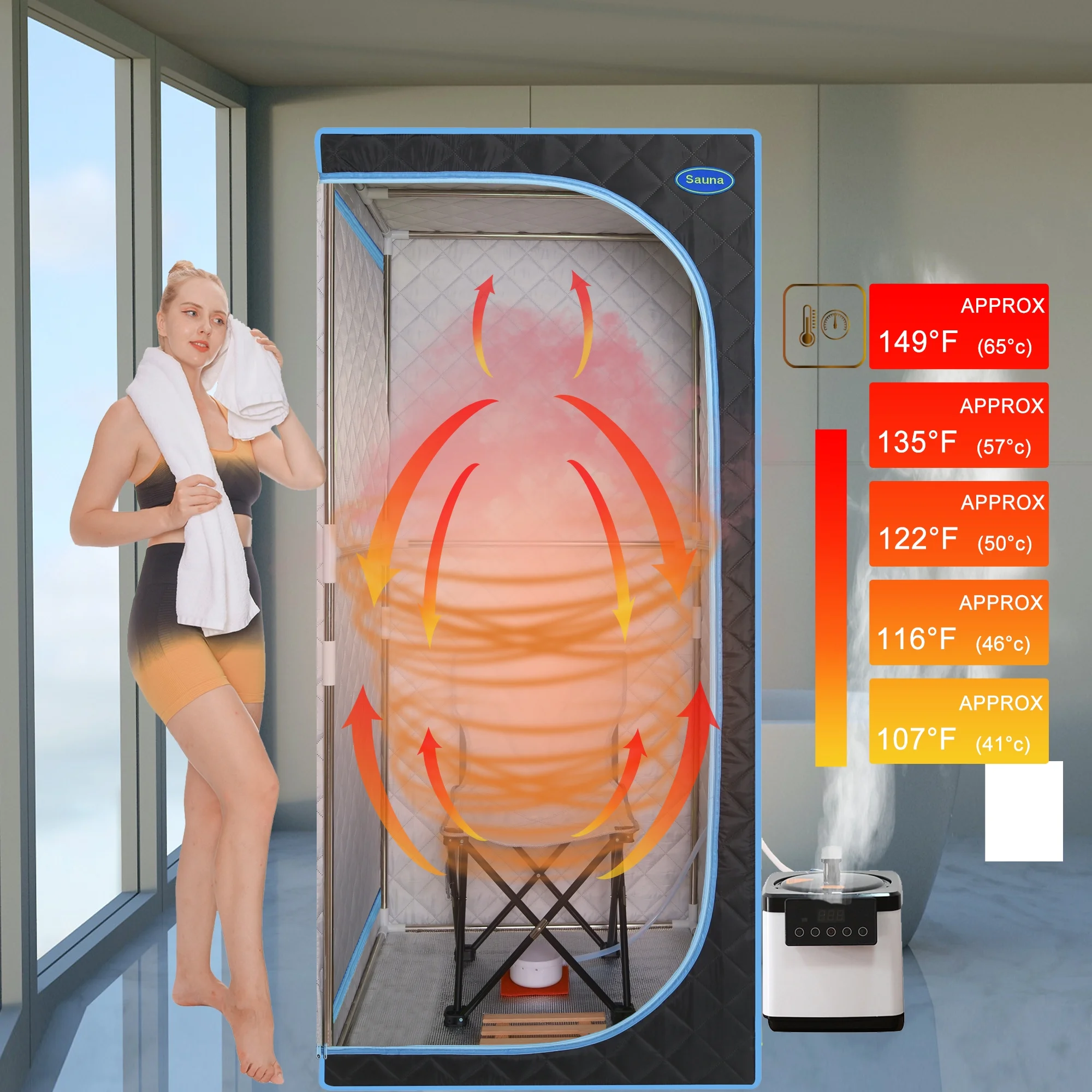 KUUFER 77"H Large Size Full Body Sauna, Gothic Roof Sauna House, Far Infrared Sauna Tent, Personal Home Sauna Spa, Fast Heating Sauna Box with Stainless Steel Pipe Connector, Black