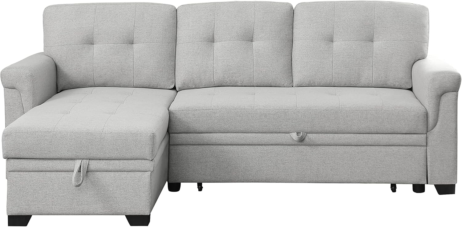 FANYE L-Shaped Linen Tufted Upholstered Reversible Sleeper Sectional Sofabed Modern Corner Convertible Sofa with Pull Out Sleep Couch Bed,Storage Chaise Daybed and Padded Armrest, 84.0", Light Gray