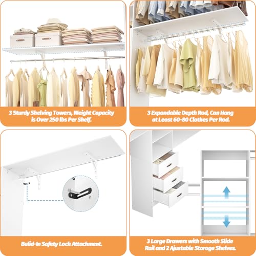 Armocity 120 Inches Closet System, 10FT Walk In Closet Organizer with 3 Shelving Towers, Heavy Duty Clothes Rack with 3 Drawers, Built-In Garment Rack, 120" L x 16" W x 75" H, Load 1300 LBS, White Oak