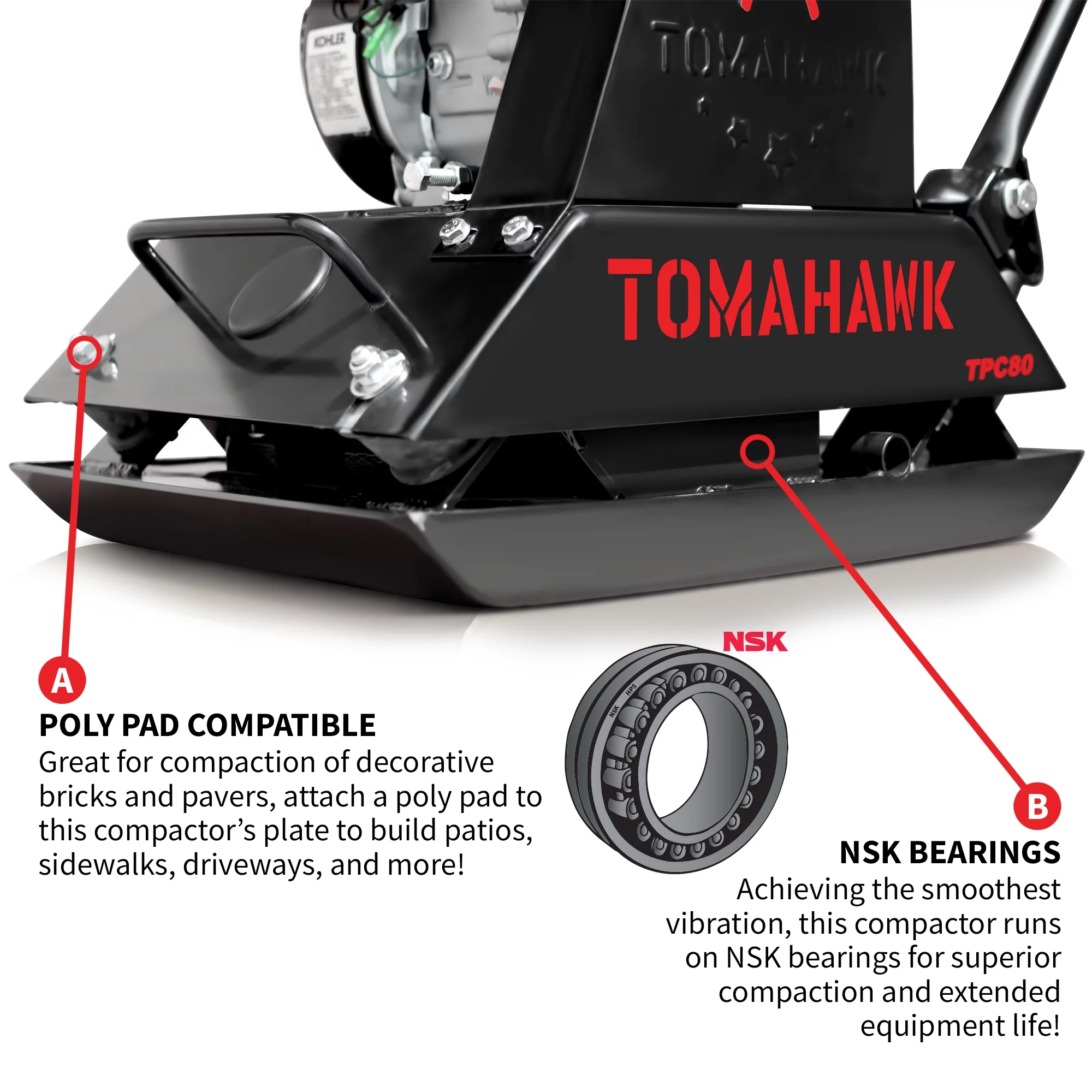 TOMAHAWK Vibratory Plate Compactor Tamper with Kohler Engine for Dirt Gravel Soil Compaction