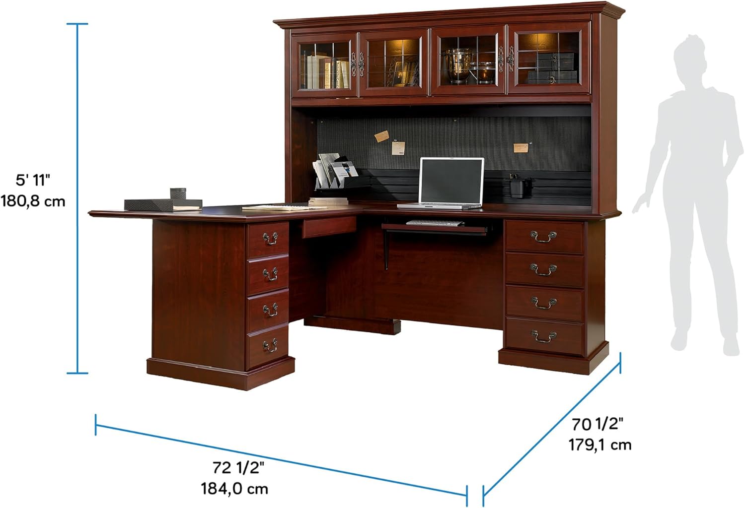 Sauder Heritage Hill L-Shaped Desk with Office Hutch, L: 70.50" x W: 23.50" x H: 71.19", Classic Cherry
