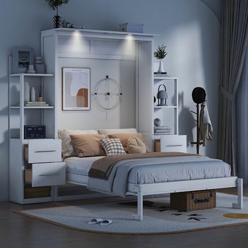 P PURLOVE Queen Size Murphy Bed,Solid Wood Murphy Cabinet Bed with Shelves and LED Lights,Wall Bed for Guest Room,Study,Office,White