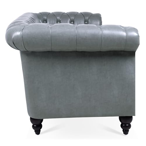 Couch, 3 Seater Sofa, Comfy PU Rolled Arm Chesterfield Couch, 84.65" Mid Century Modern Couches with Silver Studs Trim and Wooden Legs for Living Room Bed Room Apartment, Orange