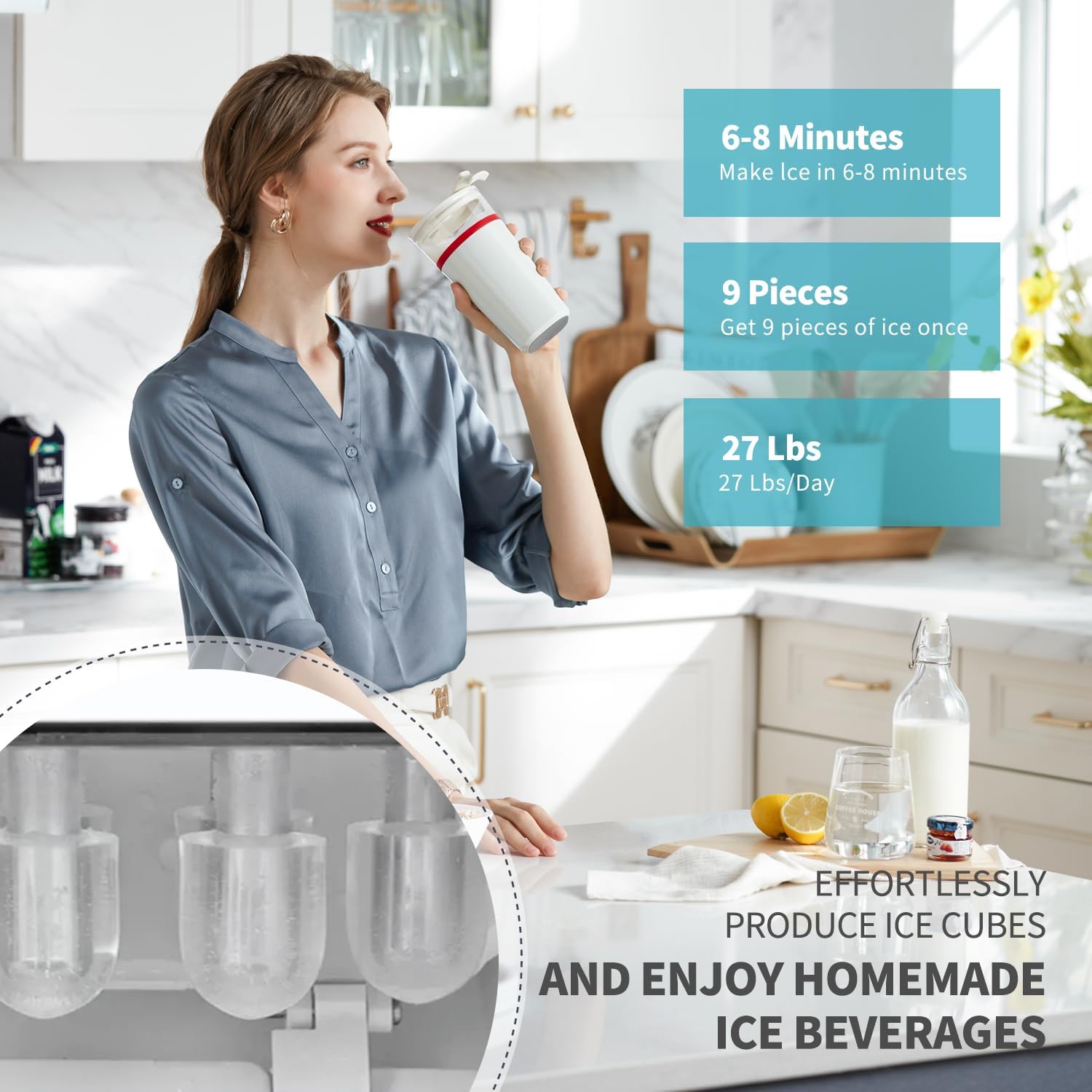 Water Dispenser Cooler with Ice Maker, 27LBS Daily Ice Making and Hot Cold Water Supply, Child Safety Lock and Compatible with 3 or 5 Gallon Bottles, Ideal for Home and Office