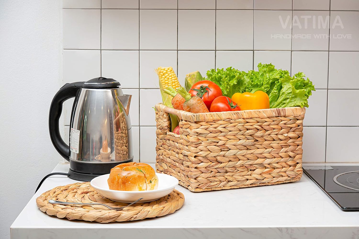 VATIMA Large Wicker Basket Rectangular with Wooden Handles for Shelves, Water Hyacinth Basket Storage, Natural Baskets for Organizing, Wicker Baskets for Storage 14.5 x 10.3 x 7.2 inches