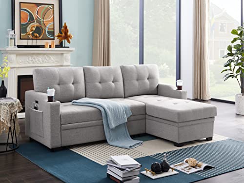 LSOFA 83 Inch Convertible L Shaped Sleeper Sectional Sofa Linen with Storage Chaise, Pull Out Bed, Cup Holder, USB Charging Port, Side Pocket, Reversible Corner Couch Design, 83, Light Grey4