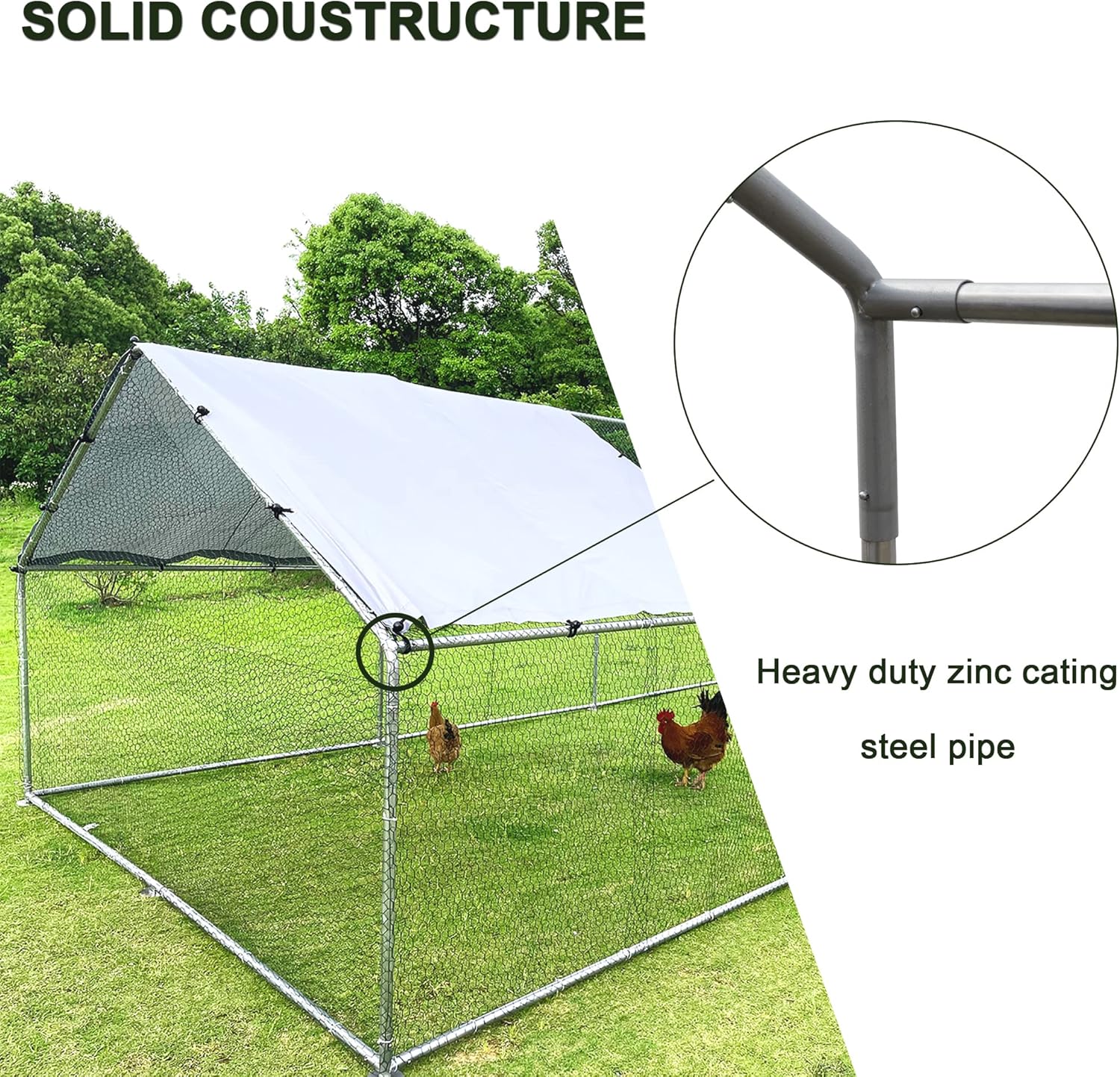 IchbinGo Large Metal Chicken Coop with Waterproof Cover, Walk-in Metal Poultry Cage Spire Shaped Coop, Chicken Run Duck House with Anti-UV Cover for Outdoor Backyard Farm (10' L x 25.5' W x 6.56' H)