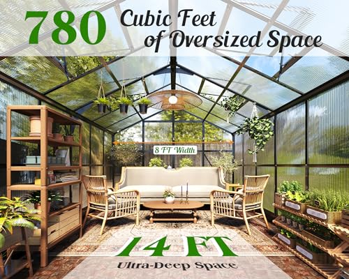 8x12 FT Polycarbonate Greenhouse with Quick-Connect Fittings, Walk-in Large Aluminum Greenhouse with 2 Swing Doors, Winter Greenhouse for Outdoors Black