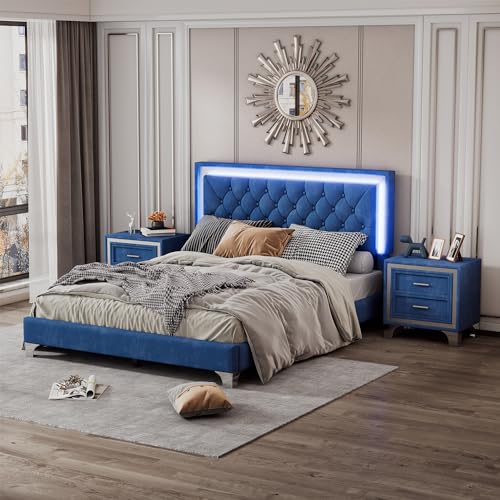 Modern 3-Pieces Bedroom Sets, Queen Size Upholstered Platform Bed with Crystal Tufted Headboard and 2 Nightstands, Sturdy Slats Support for up to 700lbs (Grey-3vs)