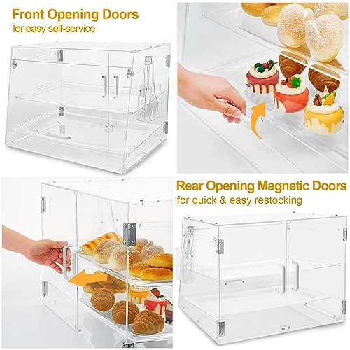 3 Tray Commercial Countertop Bakery Display Case 21" x 17.3" x 14" Acrylic Pastry Display Case with Serving Tong, Bread Display Case with Front & Rear Doors