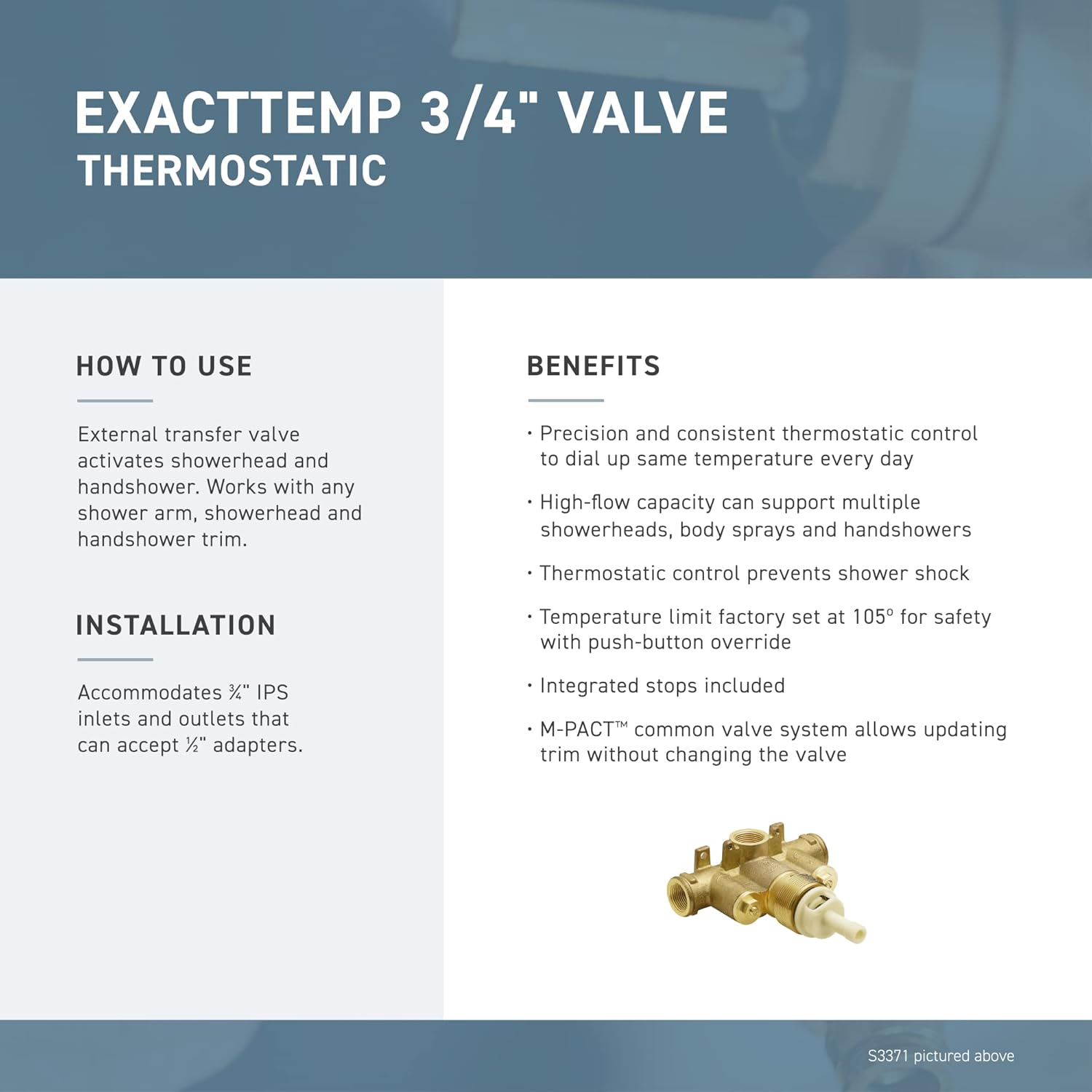 Moen S3371 ExactTemp Rough-In Shower Valve, 3/4-Inch IPS