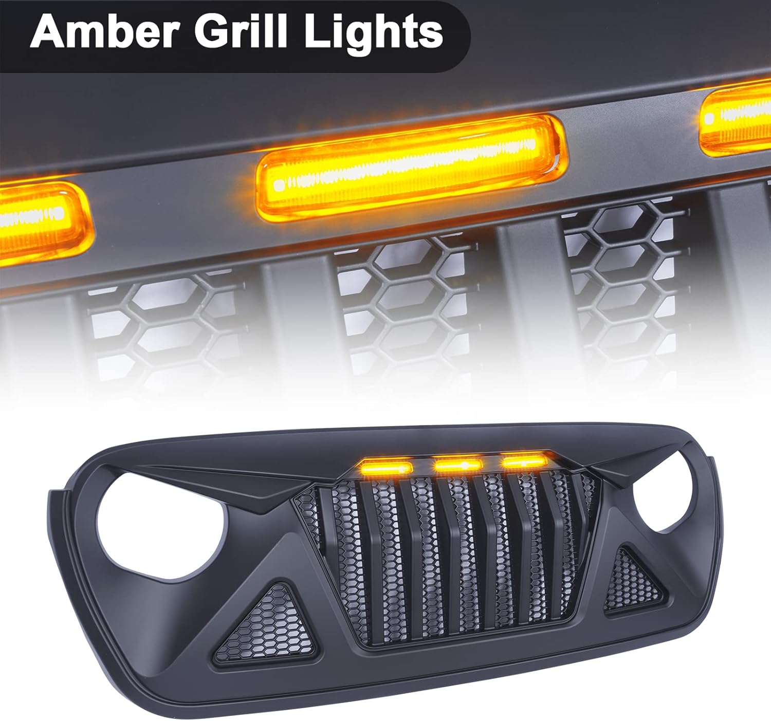 Front Grill for 2018-2022 2023 Jeep Wrangler JL JLU Gladiator JT Grille Aftermarket Front Grille with Amber LED Grills Lights fit 2020 2021 2022 2023 Jeep Gladiator JT Grille Accessories