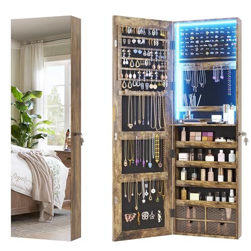 Vlsrka 47.2" LED Grey Jewelry Mirror Cabinet, Wall/Door Mounted Jewelry Armoire Organizer with Full-Length Mirror, Large Capacity Storage Hanging Cabinet, 4 Drawers, 5 Shelves, Built-in Lighted Mirror