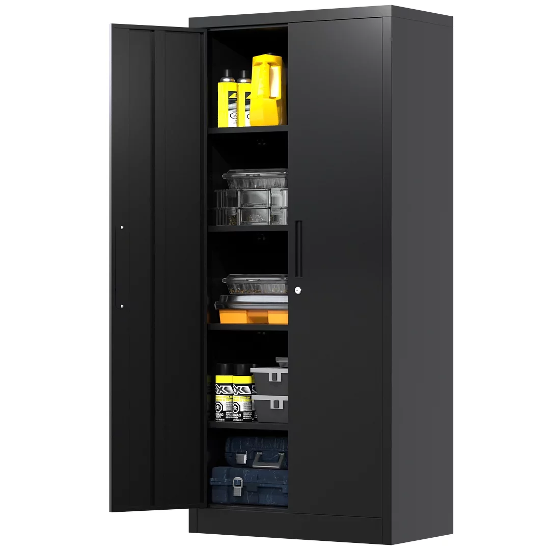 GangMei Metal Storage Cabinet, Metal Garage Cabinet with Lockable Doors and Shelves, Office Cabinet for Home Office, Garage and Utility Room,Assemble Required (Doouble Handles, Black)