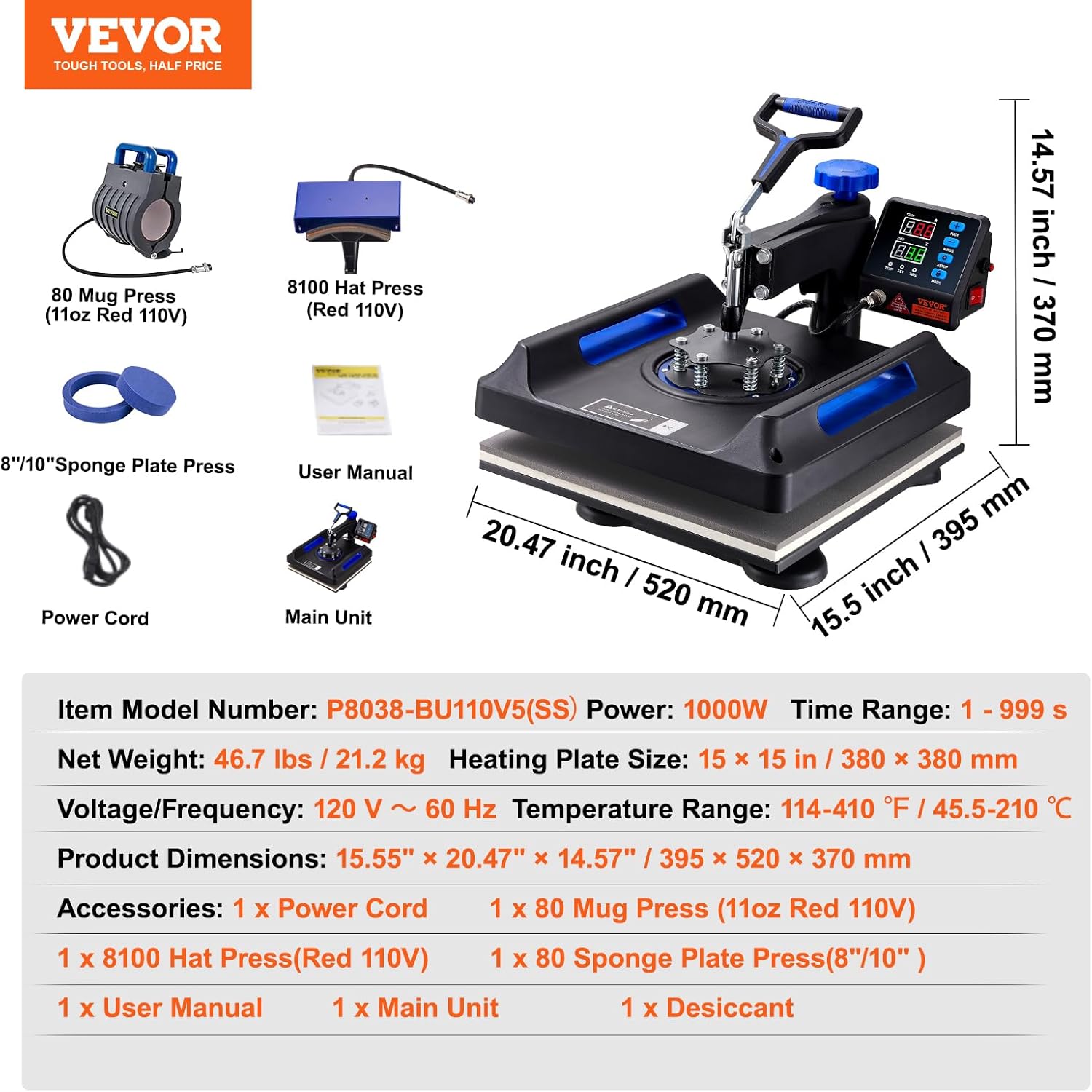 VEVOR Heat Press, 15x15inches Heat Press Machine 5 in 1, Swing Away Digital Control Multifunctional Heat Press, Anti-Scald Fast-Heating, Sublimation Combo for T-Shirts Hats Caps Mugs Plates