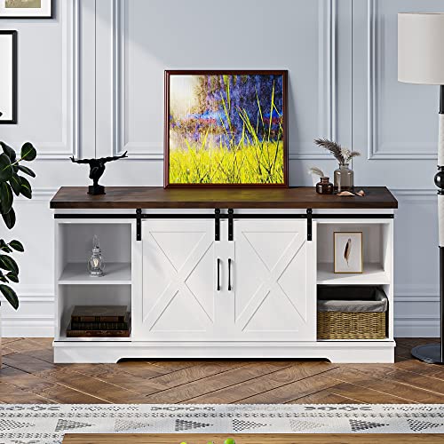 IDEALHOUSE Farmhouse TV Stand for 65 Inch TV Entertainment Center TV Media Console Table, Barn Door TV Stand with Storage and Shelves, Tall Modern TV Console Table Furniture for Living Room (White)
