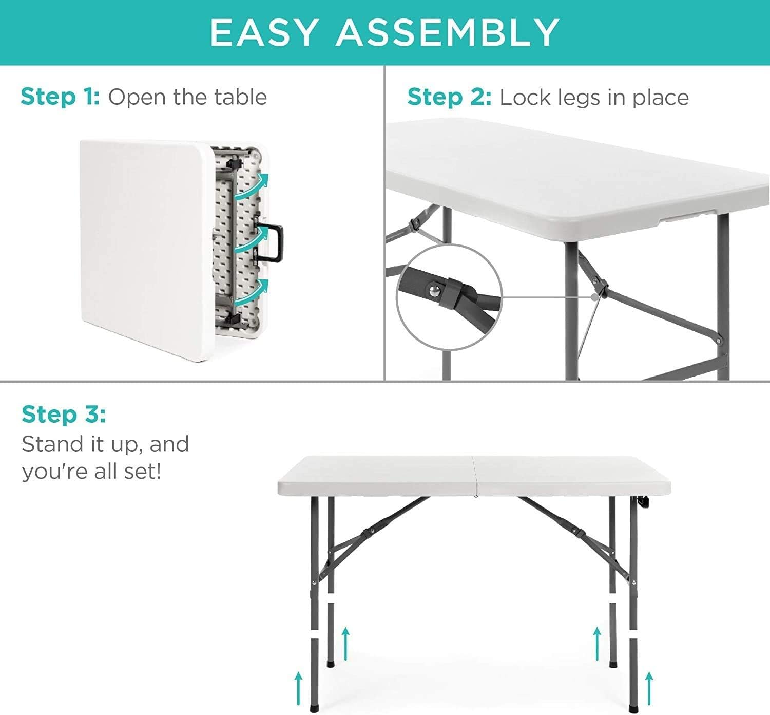 New Home Era Folding Utility Table, 4ft Fold-in-Half Portable Plastic Picnic Party Dining Camp Table