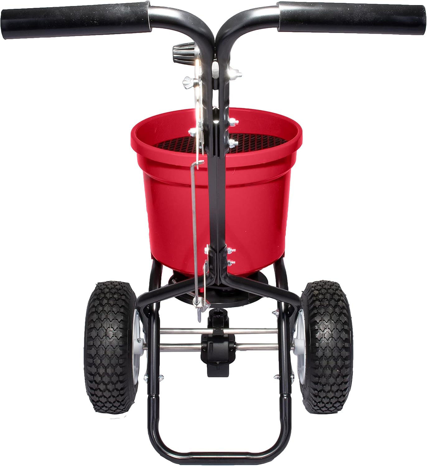 Earthway Even Spread 2150 Commercial 50 LB Broadcast Fertilizer Spreader. Red, Heavy-Duty Walk-Behind Push Garden Seeder with Adjustable Drop Rate and Driving Handle. Large 13 inch Pneumatic Stud Tires