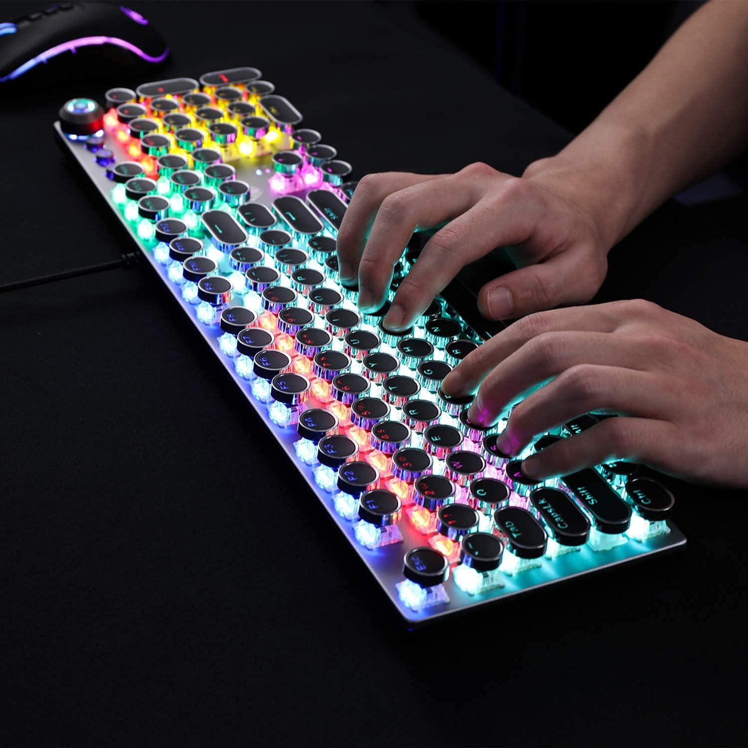 AULA F2088 Retro Mechanical Gaming Keyboard, with Removable Wrist Rest, Media Knob, RGB Rainbow Backlit, 104 Keys Round Punk Keycaps USB Wired Computer Keyboards for Windows PC Mac Gamer (Blue Switch)