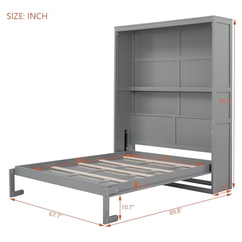 INCLAKE Queen Size Murphy Bed with Storage Shelves, Space-Saving Wooden Wall Bed,Versatile Cabinet Bed Folding Hideaway Bed for Multipurpose Room, Gray