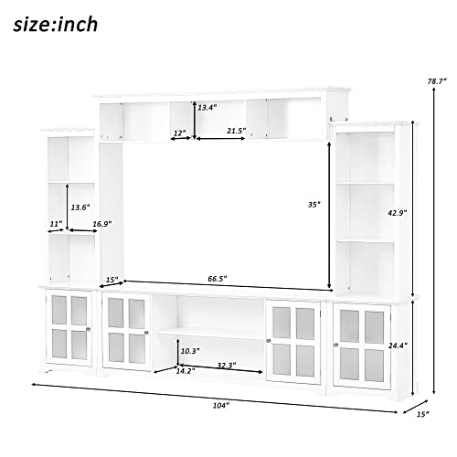 CEMKAE Modern TV Stand Complete TV Entertainment Wall Unit Center TV Console Table for TVs Up to 70”,Entertainment Center with Storage Bridge and Glass Door Storage Cabinet/Bookshelves (White)