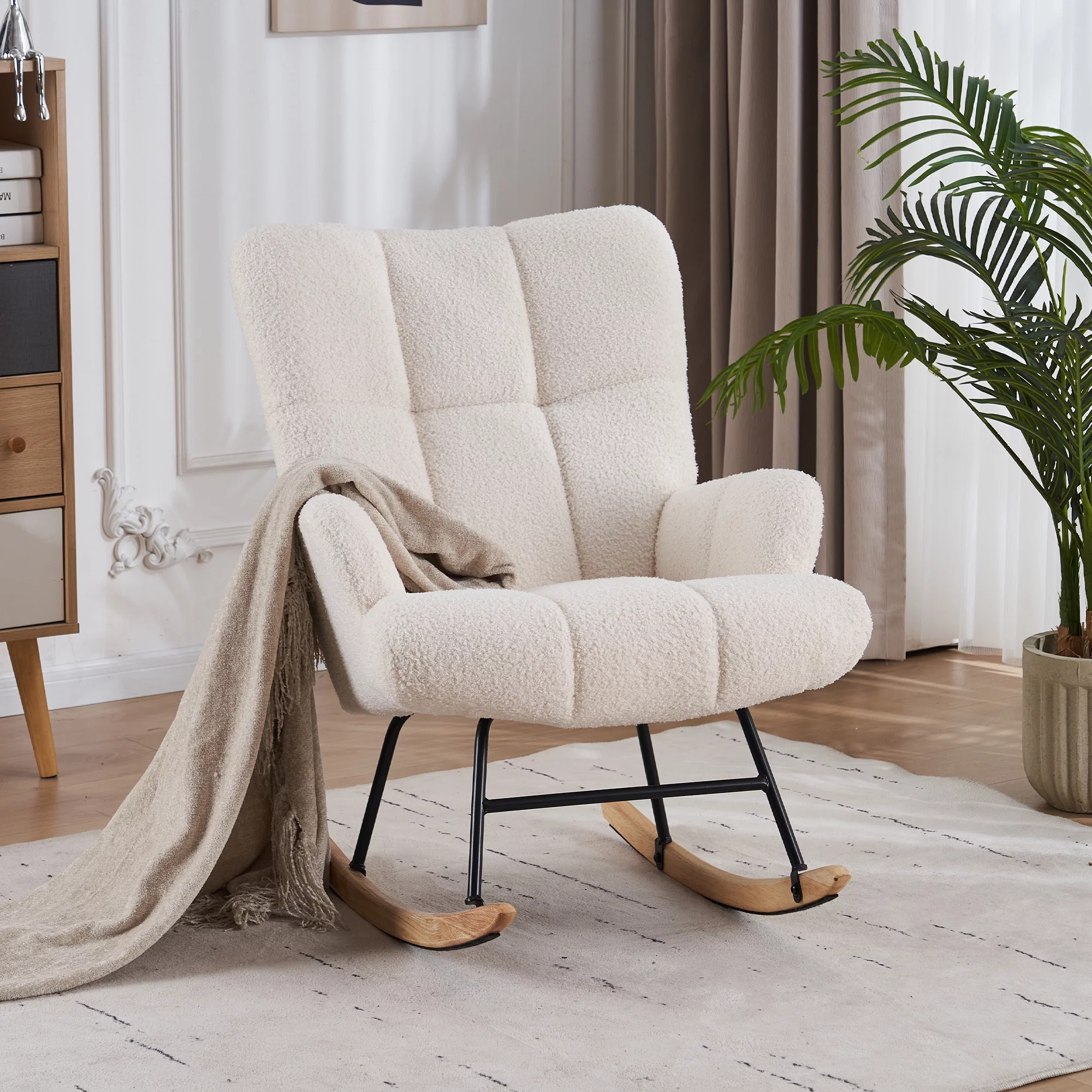 FERPIT Modern Teddy Velvet Accent Rocking Chair, Upholstered Nursery Glider Rocker for Baby, Cushioned Arm Chair, Rocking Chair Indoor for Living Room/Bedroom, White