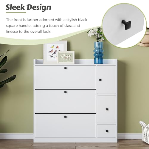 Entryway Shoe Storage Cabinet Slim with 3 Flip Drawers, Modern Slim Hidden Shoe Cabinet, Free Standing Shoe Rack for Entryway 24 Pair Shoes with Pull-Down Seat for Hallway (Black)