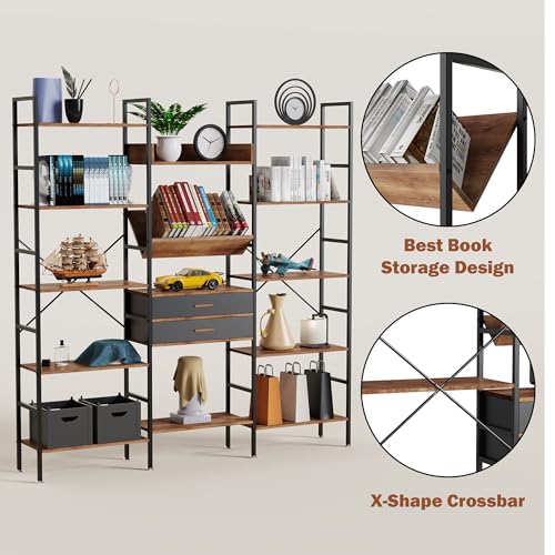 5 Tier Bookshelf with Shelves Triple Wide Bookcase with 14 Open Display Shelves Industrial Book Shelf Book Case Modern Tall Bookcases Furniture for Bedroom, Home, Office, Living Room