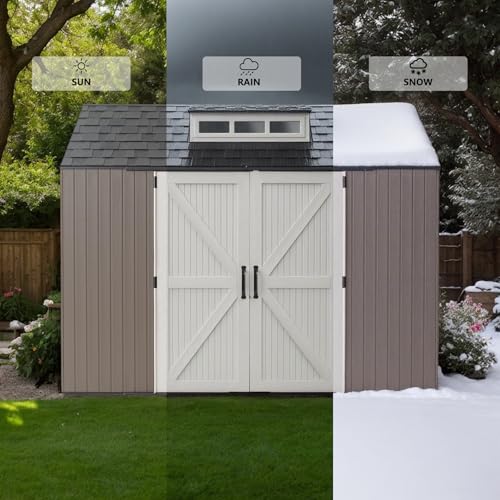 Large Resin Outdoor Storage Shed with Floor (7-10.5 Ft) - Weatherproof Double Wall Construction for Lawn Mowers, Garden Tools, Bike & Pool Supplies, Lockable (Brown, 7x7 FT)