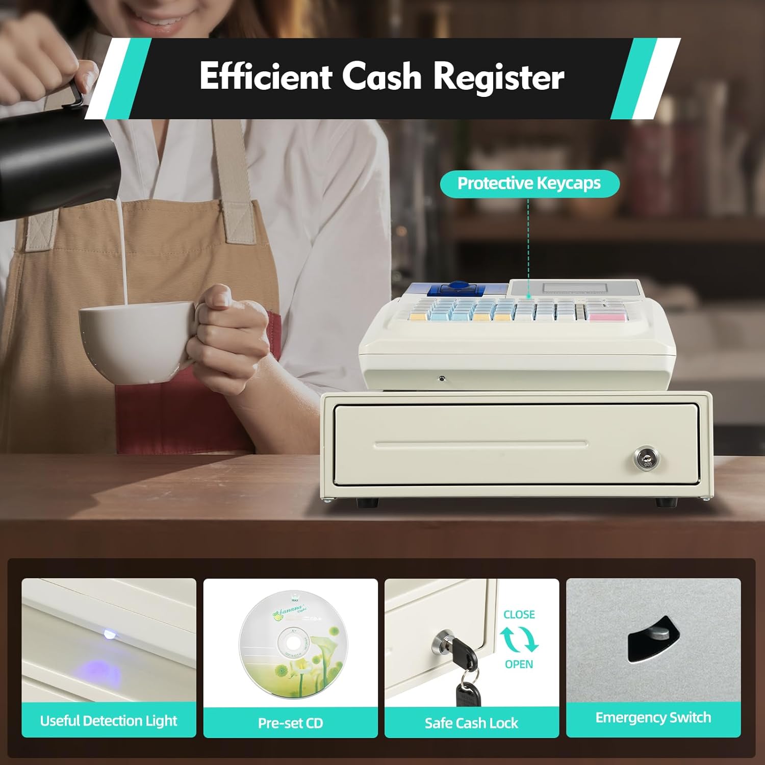 Cash Register, Small Business Electronic Cash Register 48 Keyboards Multifunctional Cash Register with Quick Load Thermal Printer, Cash Management System with Cash and Coin Drawer
