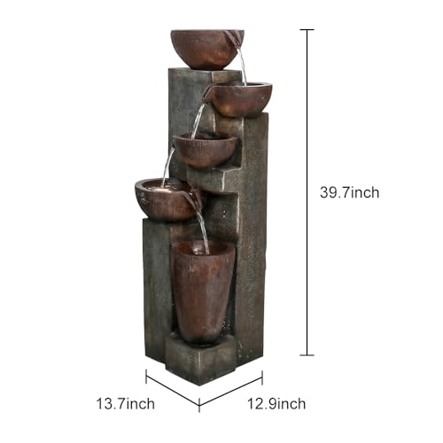 Naturefalls 5-Tier Outdoor Water Fountains with LED Lights - 39”H Floor Standing Indoor Water Fountains for Garden, Patio, Deck, Porch - Yard Art Decor (Grey, 39H inches)