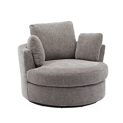 42.2" W Oversize Round Chair, 360 Degree Chenille Swivel Accent Barrel Chair with 3 Pillows for Bedroom Living Room Lounge Hotel (Beige)