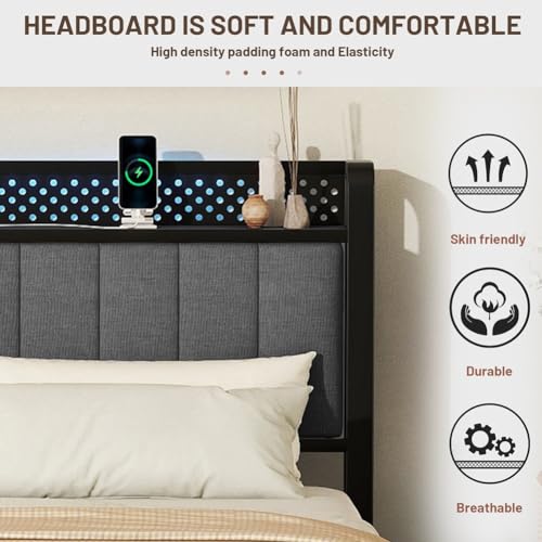 Queen Bed Frame, LED Bed Frame Queen Size with LED Headboard and 4 Storage Drawers, Upholstered Platform Bed with USB Port Sockets, Heavy Duty Wooden Slats Platform Bed Dark Gray