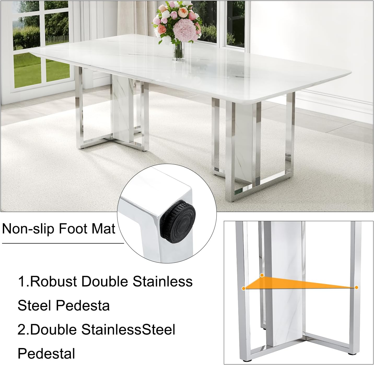 79 Inch Faux Marble Dining Table, White Rectangular Kitchen Dining Table, 1.8 Inch Thick Mid Century Modern Dining Table, Luxury Dining Table for Living Room Kitchen, Office