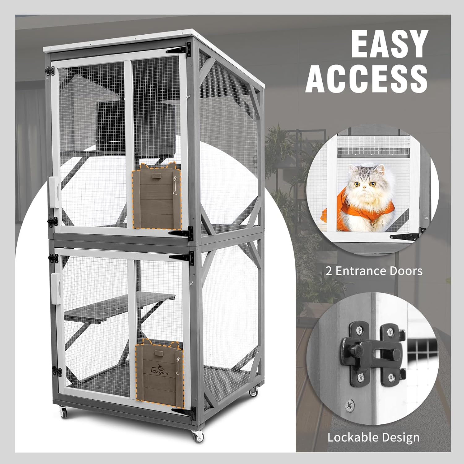 GEGURI Large Cat House Outdoor Catio Enclosure, Indoor Wooden Kitten Cage with Upgraded Resting Box, Waterproof Roof