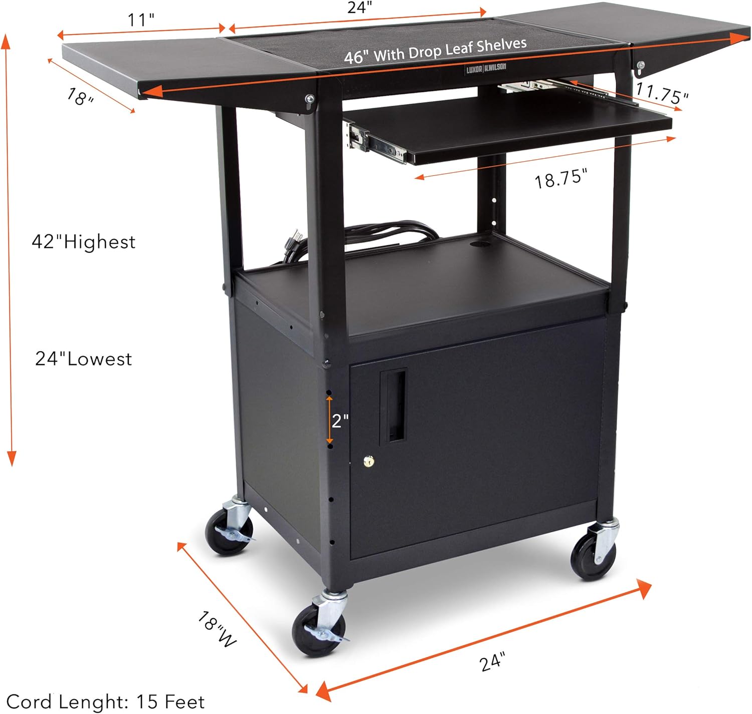 Line Leader Large AV Cart with Locking Cabinet & Drop Leaves | Height Adjustable Utility Cart | Includes Pullout Keyboard Tray & Cord Management | Easy Assembly (54in x 18in x 42in / Black)