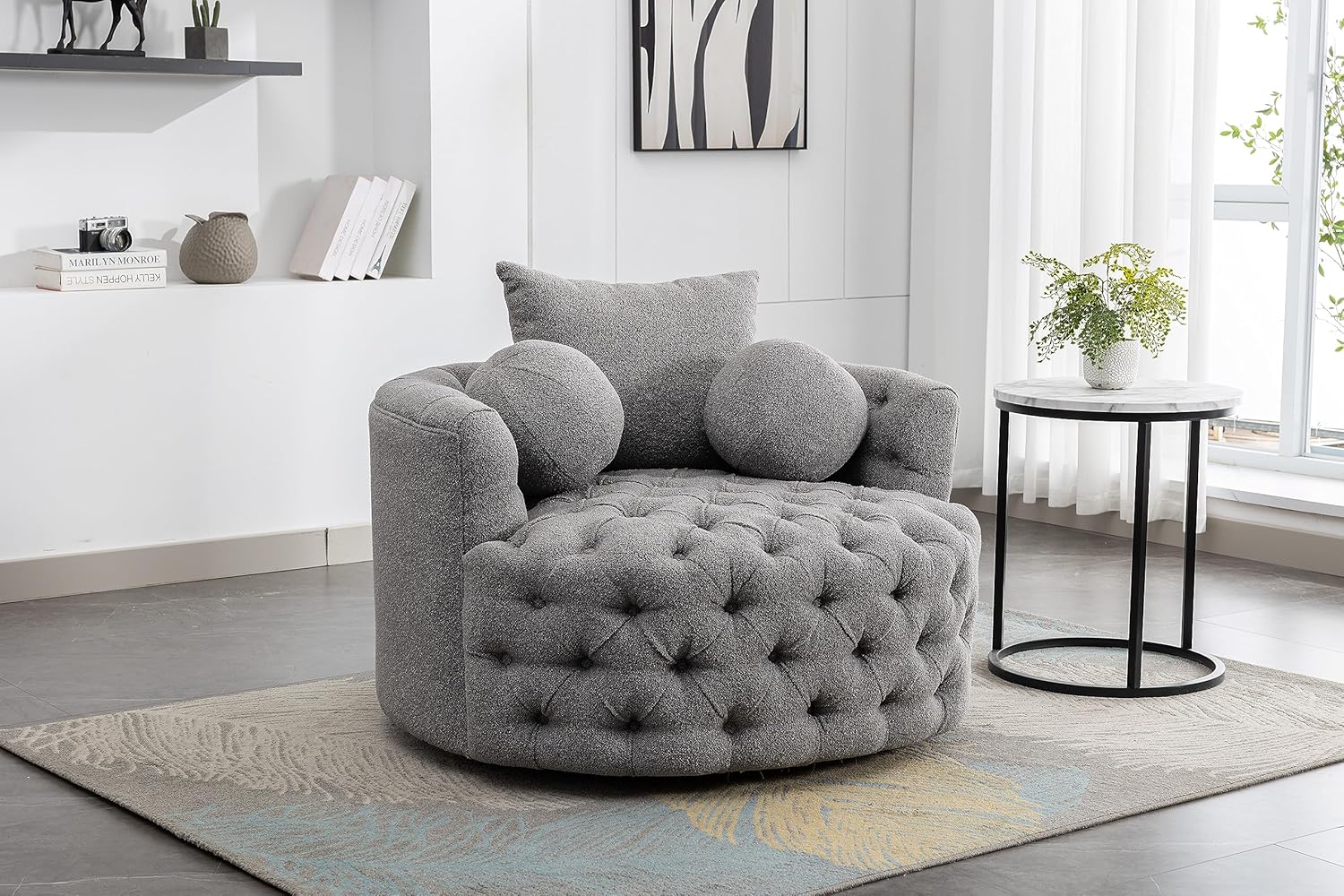 42.9" Oversized Swivel Accent Barrel Chair Chenille Tufted Upholstered Sofachair W/3 Pillows, Comfy Leisure Lounge Club Round Armchair Cozy Sofa & Chair for Home Apartment Office Hotel Living Room
