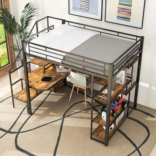 Modern Full Size Metal Loft Bed with Storage Staircase and Small Wardrobe, Multi-functional Metal Loft Bed Frame with Built-in Desk and Storage Shelves (White/L7)