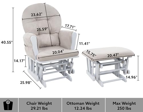 Naomi Home Nursery Glider & Ottoman Sets, Reclining Glider Rocker with Ottoman, Nursery Rocking Breastfeeding Maternity Chair for Baby Room, Recliner Glider with Ottoman, Padded Arms - White, Gray