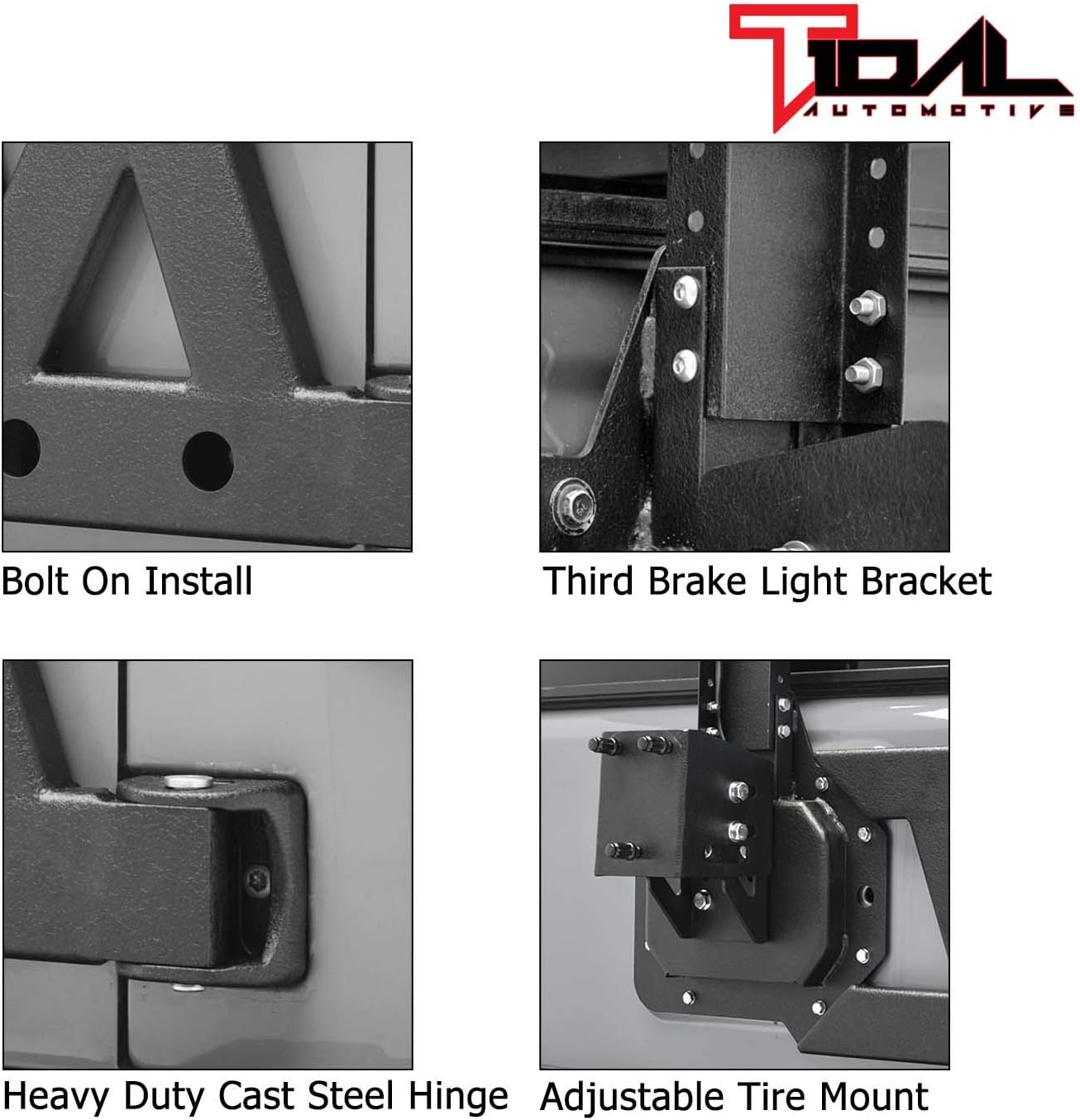 Tidal Fit for 2007-2018 Wrangler JK Tire Carrier with Third Brake Light Bracket.