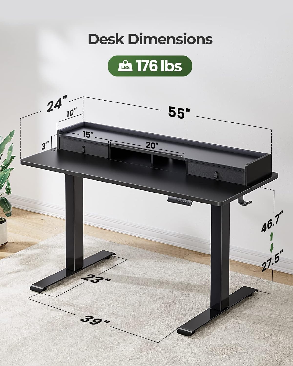 Electric Standing Desk with Dual Drawers, 55 x 24 Inches Height Adjustable Desk with Storage Shelf, Sit Stand Desk with 4 Memory Preset, 2 Storage Hooks, Ideal for Home Office, Black