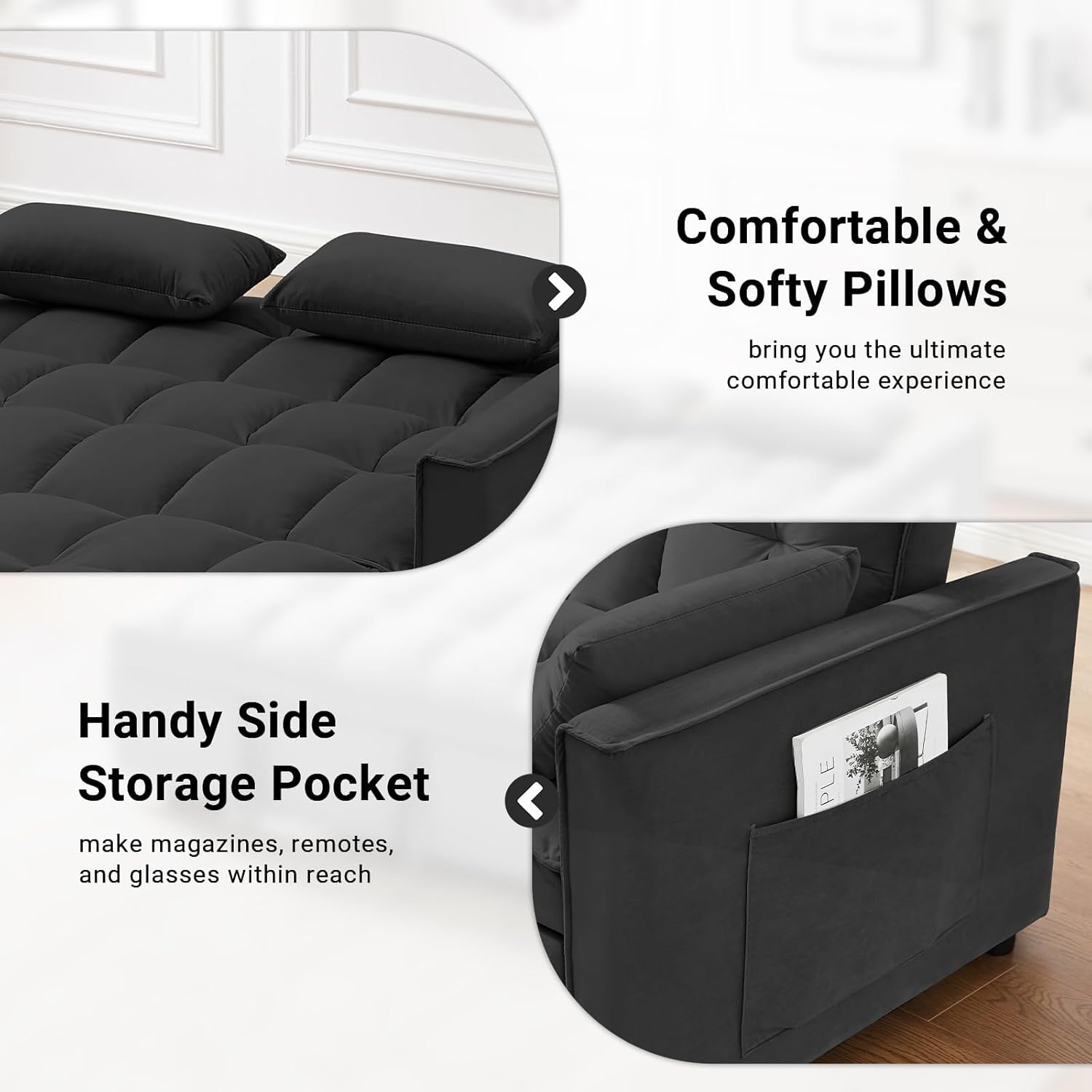 Loveseat 3 in 1 Convertible Sleeper, Modern Pullout Couch Bed, Velvet Chaise Lounge with 2 Pockets and 2 Pillows, Futon Sofa for Living Room Furniture, Black