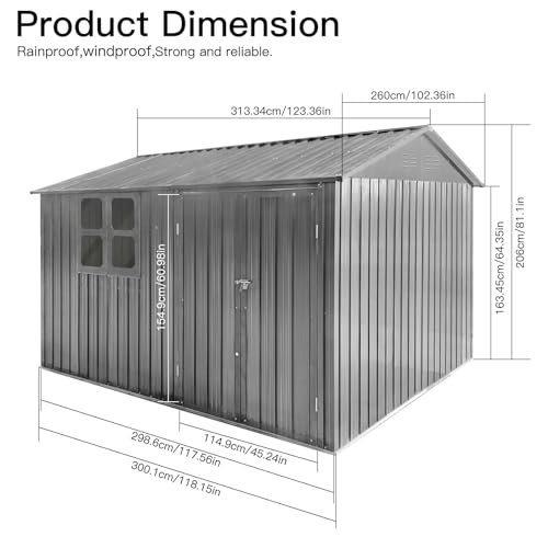 10' x 8' Large Outdoor Storage Shed, Sturdy Metal Building w/Windows & Lockable Doors for Garden, Backyard, Poolside and Lawn, Grey