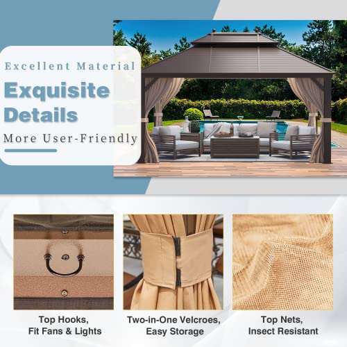 MELLCOM 12'x16' Hardtop Gazebo, Galvanized Steel Metal Double Roof Canopy with Curtains and Netting, Brown Permanent Pavilion Gazebos with Aluminum Frame for Garden, Patio, Lawns, Deck