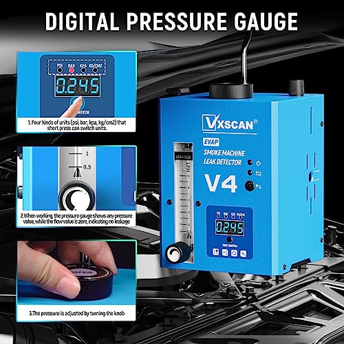 Automotive EVAP Smoke Machine Leak Detector V4, Vacuum Leakage Tester with Digital Pressure Gauge & Air Flowmeter, Fuel Pipe Diagnostic Tester for All 12V Cars, Motorcycles, Trucks, Boats, ATVs