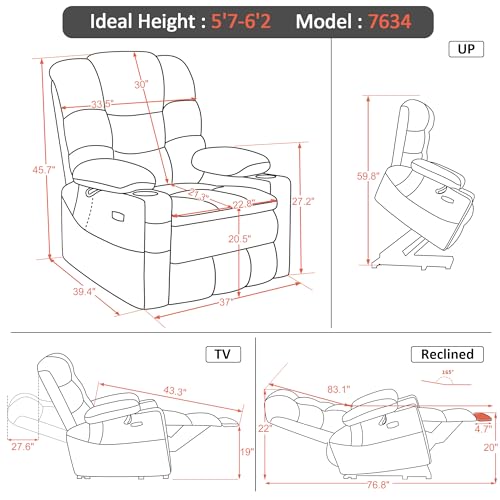 MCombo Large Triple Motor Power Lift Recliner Chair with Massage and Dual Heating, Adjustable Headrest for Tall Elderly People, Fabric 7634 (Grey, Large)