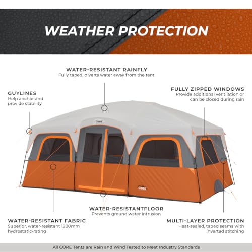 CORE Tent for Family Camping | 10 Person / 11 Person / 12 Person Large Multi Room Cabin Tents for Car Camping & Outdoor Adventures